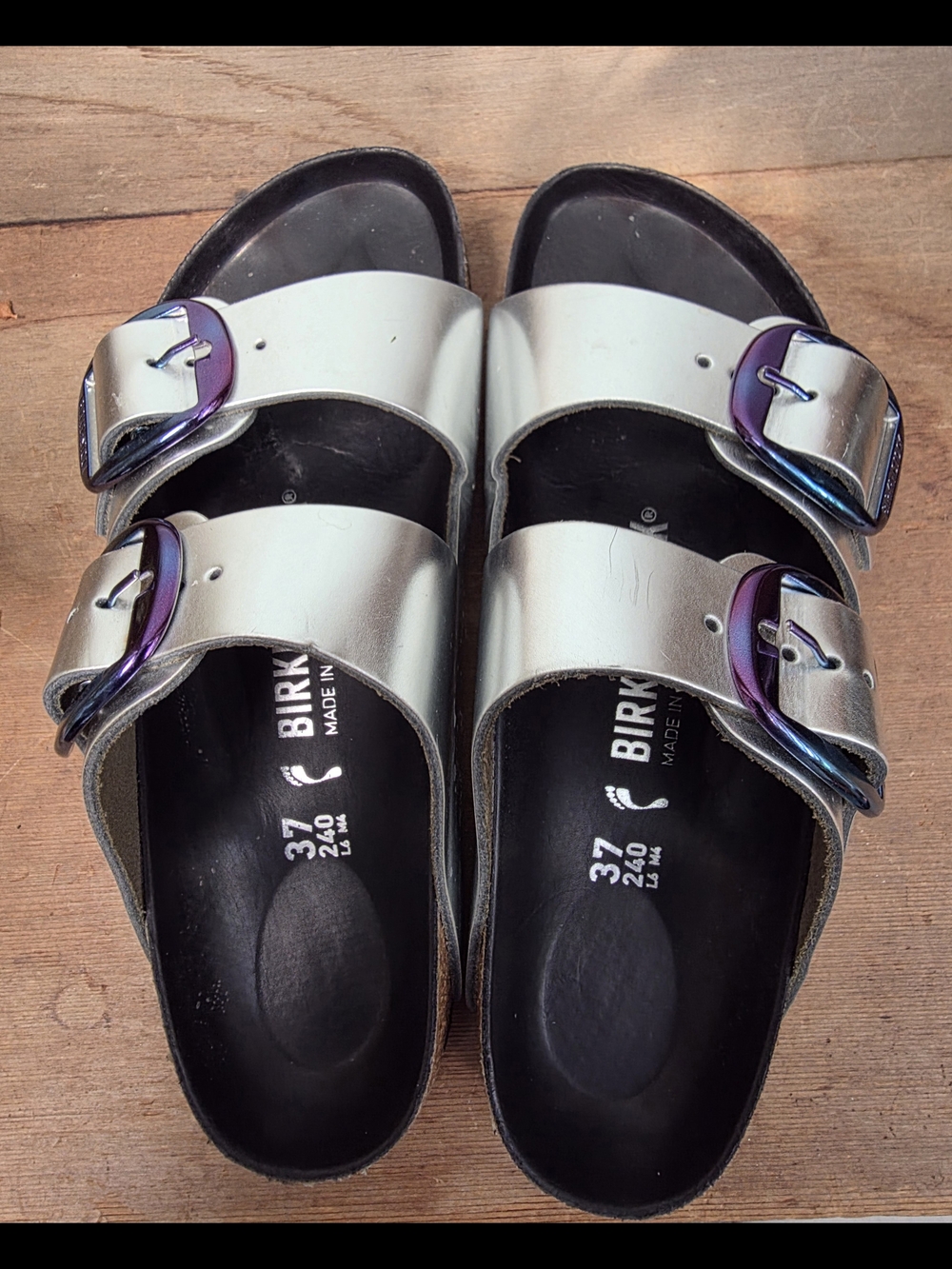 Birkenstock Arizona Metallic Silver Slide Sandals with Iridescent Buckles - Picture 7 of 7
